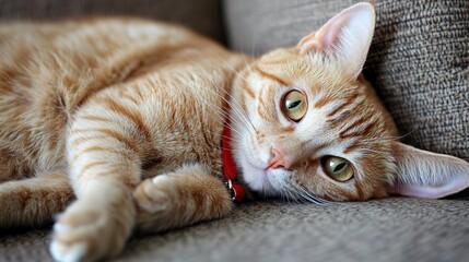 Ginger tabby cat lying on its back with a relaxed and curious expression, wearing a red collar. The skinny orange cat with distinct striped fur looks comfortable, showcasing its adorable pose with paw