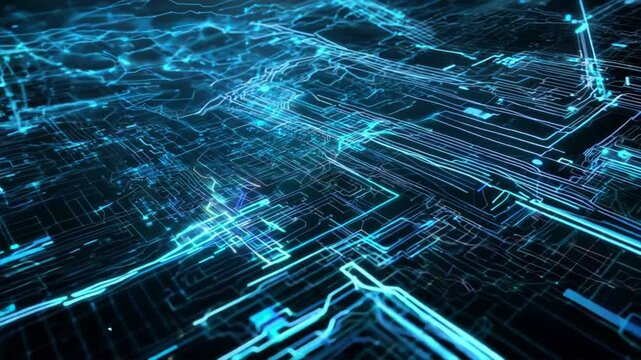 Abstract digital data flow. Dynamic information transfer on blue glowing background. Futuristic technology and networking concept.
