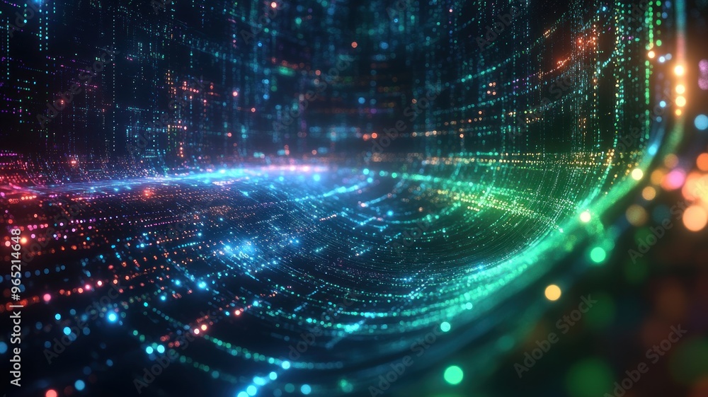 Poster abstract digital landscape with vibrant data streams and colors.