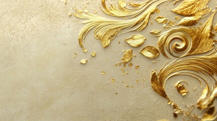 Obraz premium A gold leaf design is painted on a white background. The gold leaf design is very intricate and detailed, with many different shapes and sizes. Scene is elegant and sophisticated
