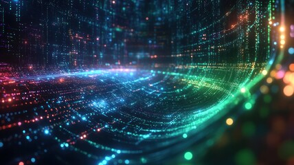 Abstract digital landscape with vibrant data streams and colors.