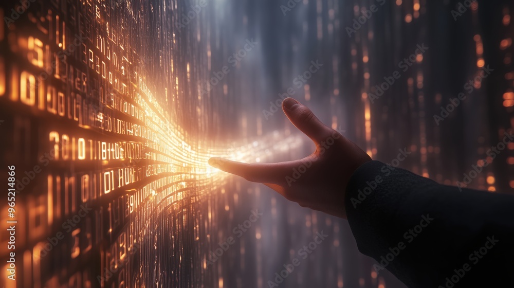 Poster a hand is reaching out to touch a wall of binary code. concept of curiosity and wonder, as the hand 