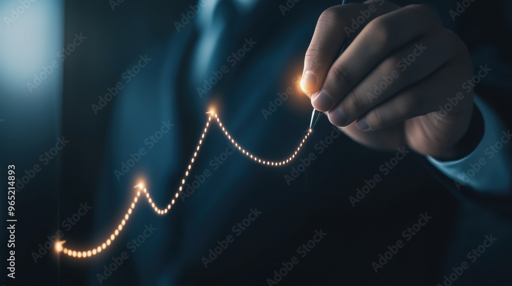 Poster a man is drawing a line on a screen with a pen, creating a graph that looks like it is rising