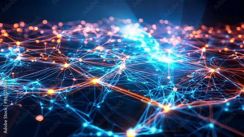Poster abstract digital network background with interconnected glowing orange and blue nodes, illustrating 