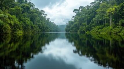 Obraz premium A river with a cloudy sky in the background. The water is calm and still. The trees surrounding the river are lush and green