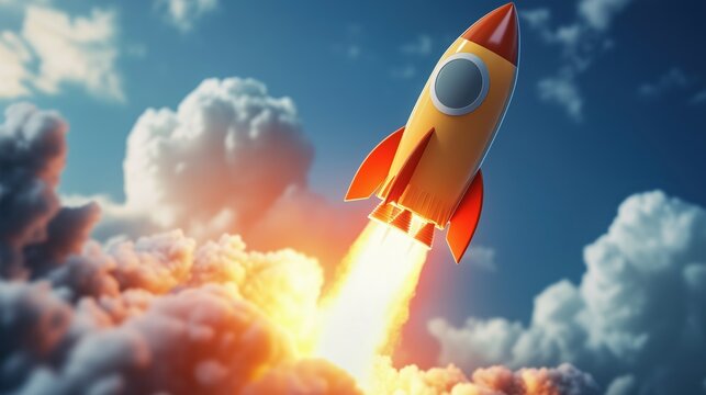 A rocket is flying through the sky with a bright orange and red color. The sky is filled with clouds, and the rocket is the only object visible. Concept of adventure and excitement