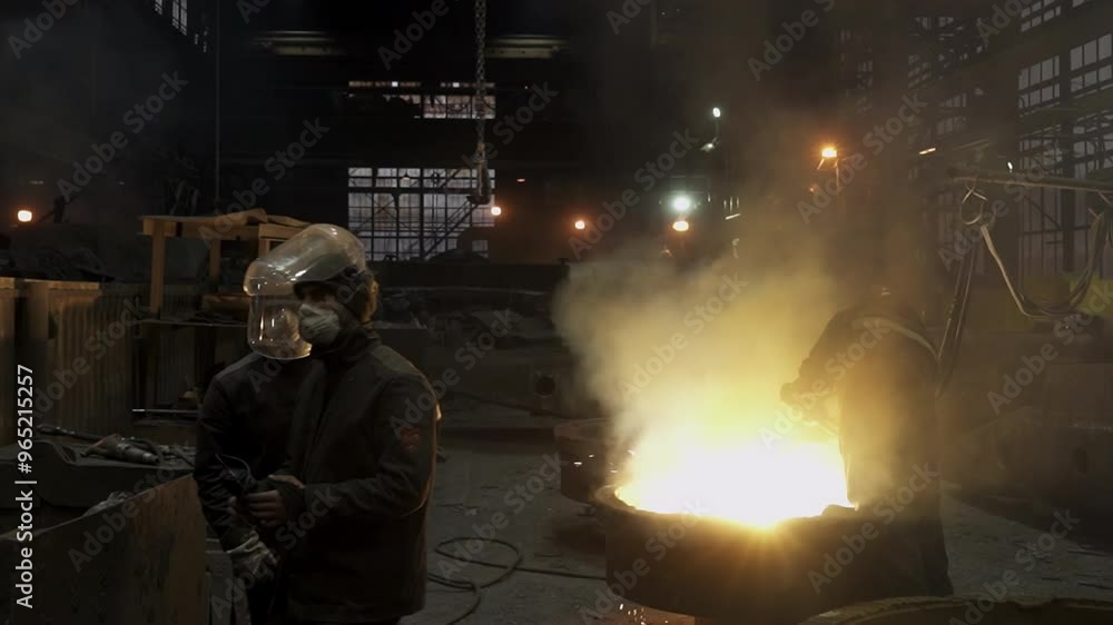 Poster in a large foundry, workers engage in the precise and team work driven process of metal casting. sto