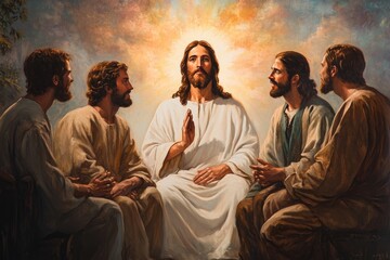 A painting of Jesus Christ praying alongside his disciples under a radiant heavenly light, evoking themes of faith and miracles in Christendom. Rendered with high detail in oil on canvas.