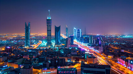 Fototapeta premium Riyadh City Skyline at Dusk with Dazzling Lights and Modern Architecture, A Stunning Urban Panorama