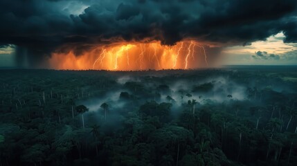 Fototapeta premium A stormy sky with lightning and rain. The sky is dark and the clouds are thick. Scene is intense and dramatic