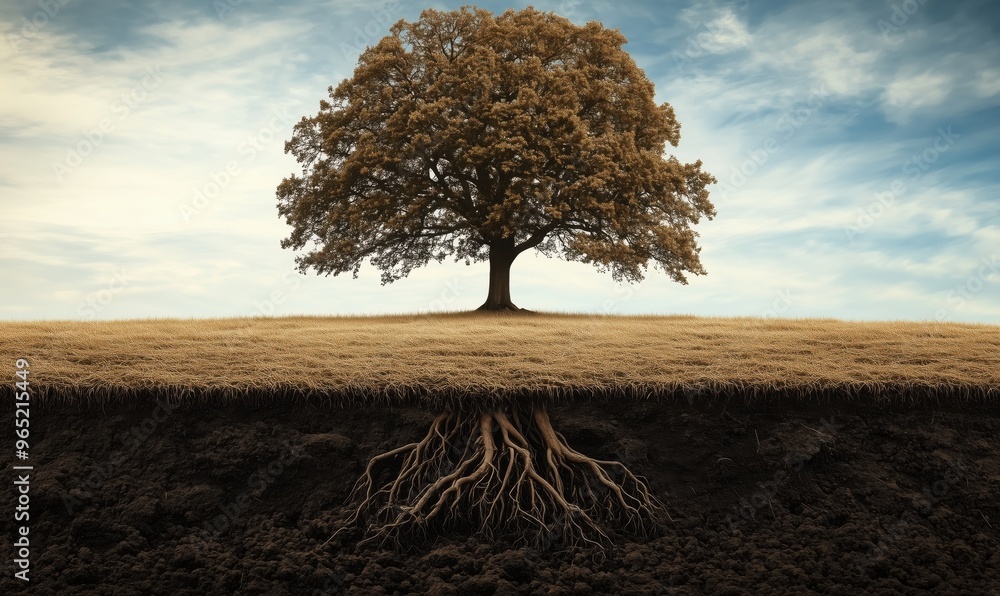 Poster a tree with its roots visible in the ground