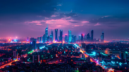 Fototapeta premium Riyadh City Skyline at Dusk with Dazzling Lights and Modern Architecture, A Stunning Urban Panorama