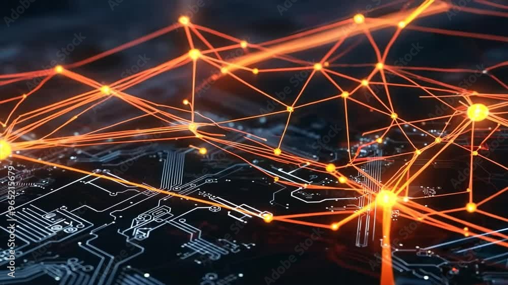 Poster abstract digital network background with interconnected glowing orange and blue nodes, illustrating 