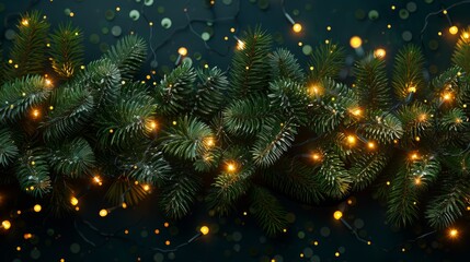 Christmas tree garland on transparent background. Holiday fir tree decoration, festive Christmas divider. Winter season frame, realistic spruce branch with golden confetti.