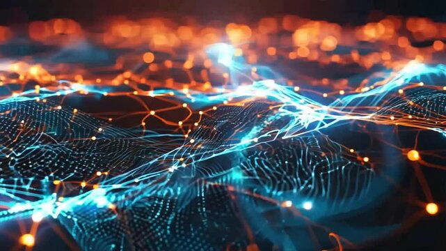 Abstract digital network with glowing nodes and connections. Futuristic technology background with a grid of interconnected data points.