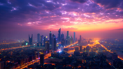 Fototapeta premium Riyadh City Skyline at Dusk with Dazzling Lights and Modern Architecture, A Stunning Urban Panorama