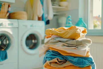 Close-up of a pile of laundry in front of a washing machine and dryer, highlighting household