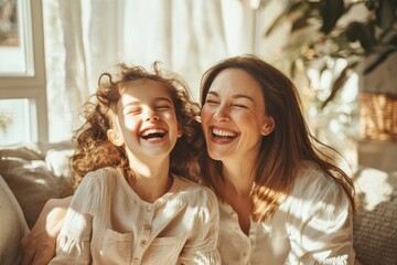 High-resolution brightly lit photorealistic candid photograph of a mother and daughter laughing together in a cozy, sunlit living room. The photo has a light and cheerful vibe, styled like a premium