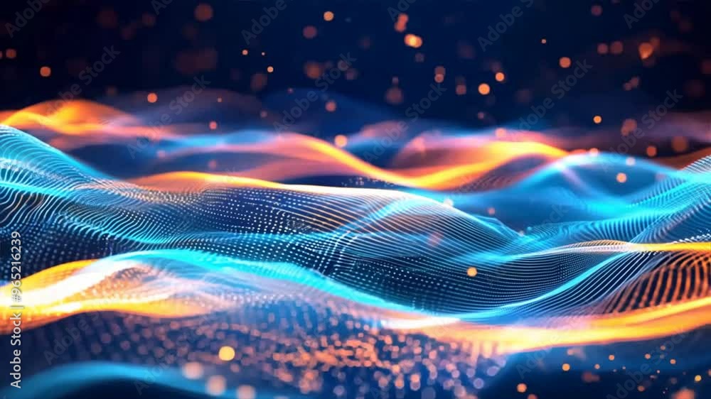 Poster abstract digital wave in blue and orange hues representing data flow, technology or futuristic conce