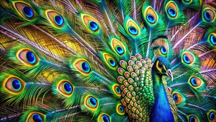 Fototapeta premium Vibrant peacock feathers display a kaleidoscope of colors, intricate patterns, and shimmering textures, a dazzling