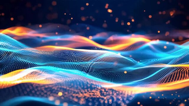 Abstract digital wave in blue and orange hues representing data flow, technology or futuristic concepts.