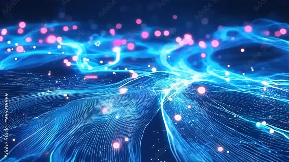 Poster abstract digital wave with futuristic blue light points, representing technology, data flow, and inn