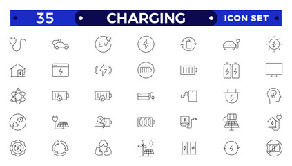 Charging Outline icon set. Containing charge, battery, energy, electricity, charger, recharge, electric car and charging station icons.
