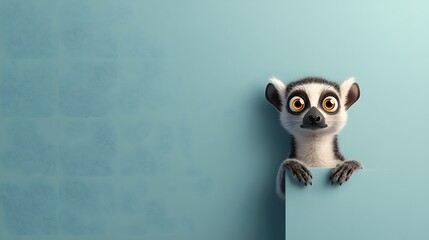 Naklejka premium A cute lemur with large, expressive eyes peeks over a pastel blue background, giving a whimsical vibe and emotional connection, evoking curiosity and playfulness. 3D Wild Life Concept