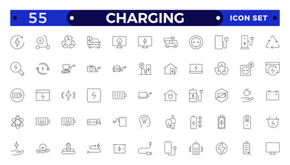 Charging Outline icon set. Containing charge, battery, energy, electricity, charger, recharge, electric car and charging station icons.