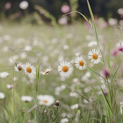 A delicate chain of daisies carefully woven together, lying in a sunlit meadow filled with soft green grass and more wildflowers in the background. 