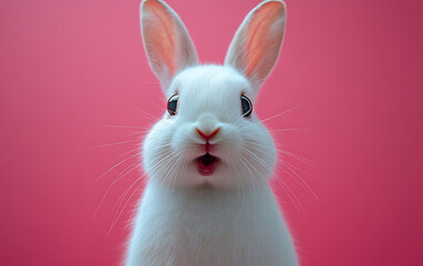 Obraz premium Surprised White Rabbit Portrait on Pink Background
