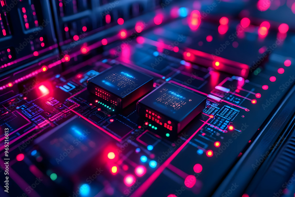 Poster 3d illustration - futuristic technology: cpus with glowing circuits and data processing