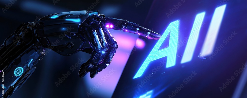 Poster futuristic ai robot interacting with digital device in neon light, symbolizing artificial intelligen
