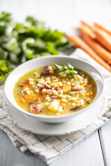 Soup made from barley groats, smoked pork neck, potatoes and root vegetables