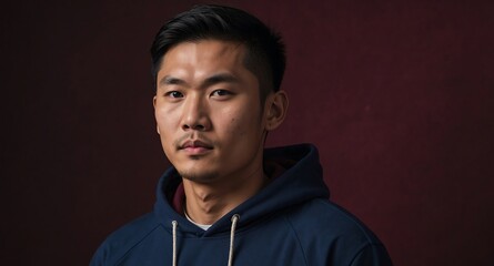 Relaxed Asian male model in navy hoodie on maroon background