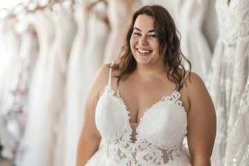 Plus size woman trying on wedding dress. Happy bride excited smile for wedding, happiness and marriage