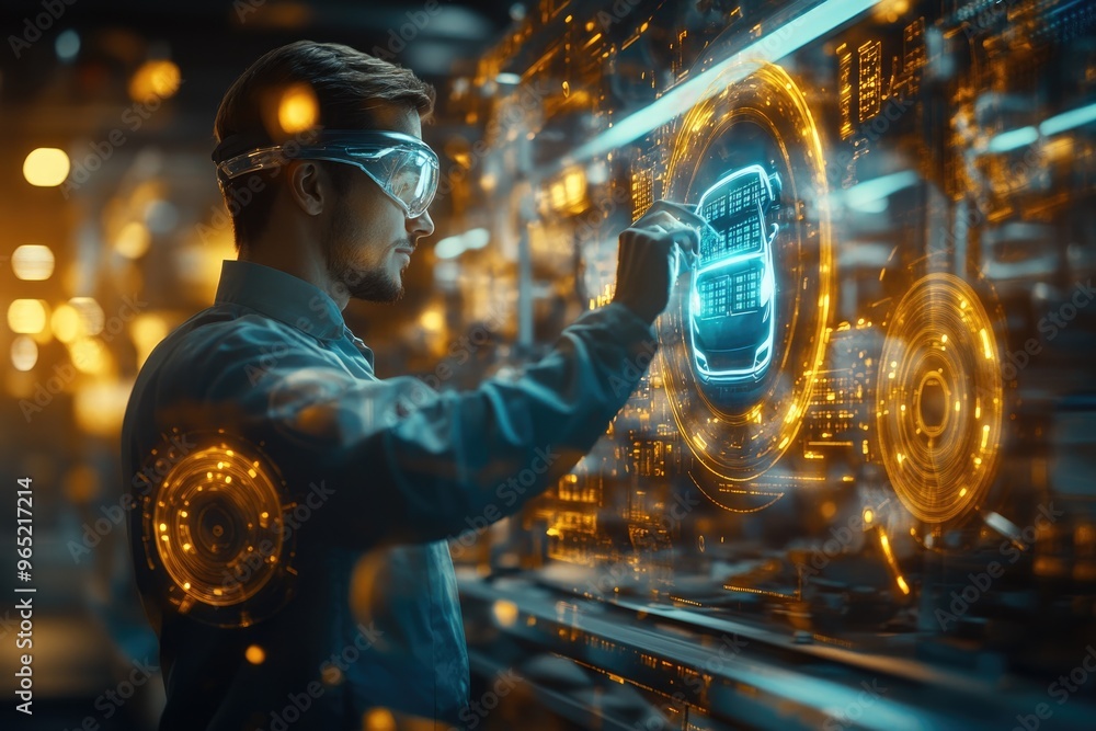 Poster very realistic and photographic photo of an engineer analyzing data on a holographic display within 