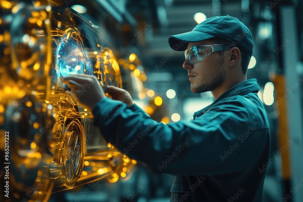 Poster very realistic and photographic photo of an engineer engaging with a holographic interface in a stat