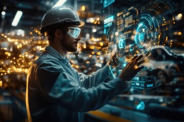 Obraz premium Very realistic and photographic photo of an engineer in a state-of-the-art electric vehicle factory, using a holographic interface surrounded by complex data. The scene includes metallic golds and