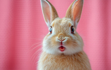 Fototapeta premium Surprised White Rabbit Portrait on Pink Background