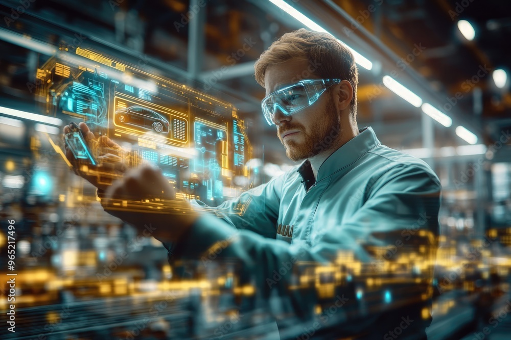 Poster very realistic and photographic photo of an engineer working with holographic data displays in an ad