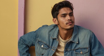 Obraz premium Relaxed Hispanic male model in denim jacket on pastel yellow background