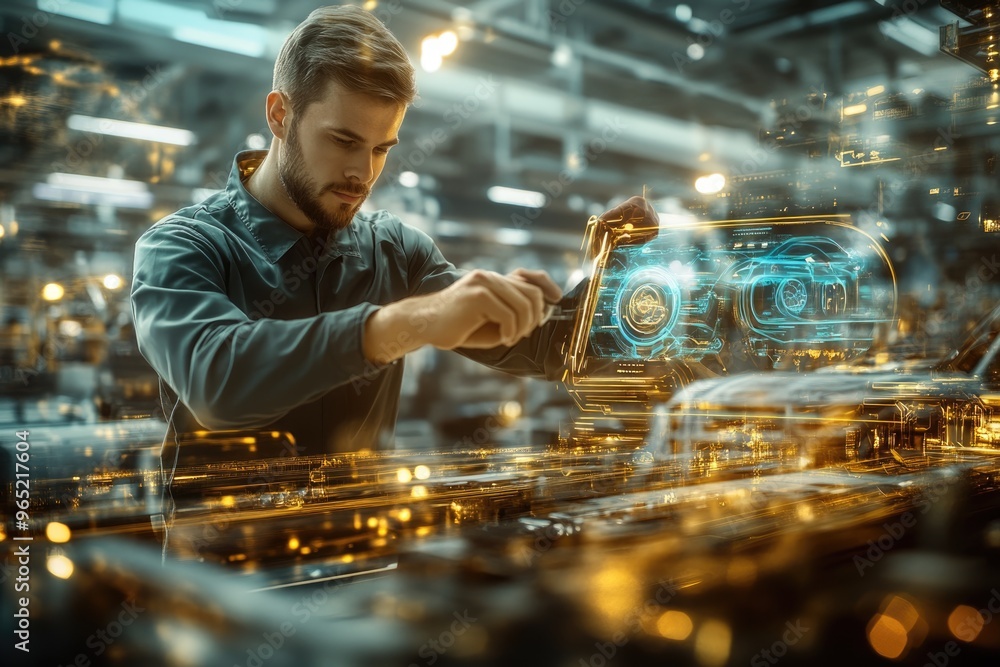 Poster very realistic and photographic photo of an engineer working with high-tech holographic interfaces i