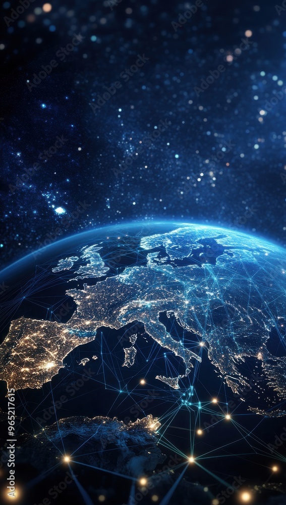 Aufkleber digital illustration of earth covered in glowing network lines symbolizing global connectivity and c