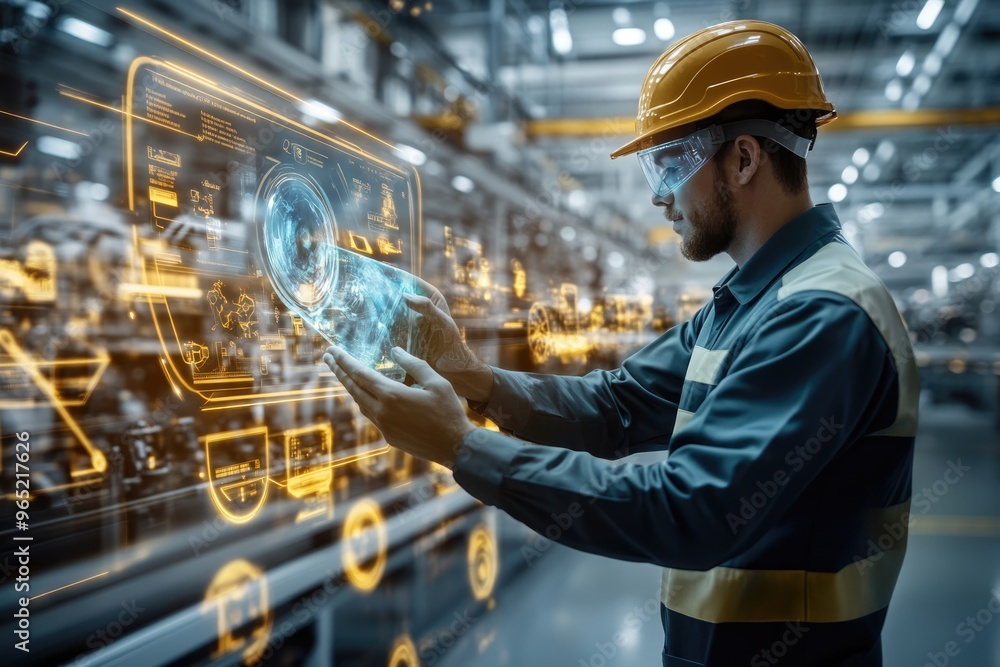 Poster very realistic and photographic photo of an engineer working with high-tech holographic interfaces i