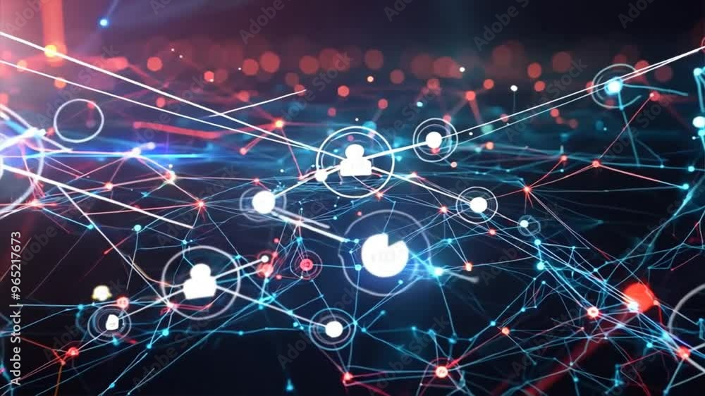 Poster abstract futuristic network connection dots and lines in a technological landscape with glowing ligh