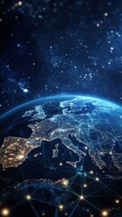 Obraz premium Digital illustration of Earth covered in glowing network lines symbolizing global connectivity and communication in a futuristic technological world