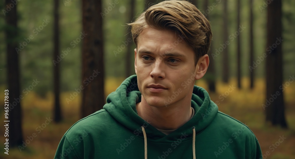 Poster relaxed white male model in forest green hoodie on light yellow background