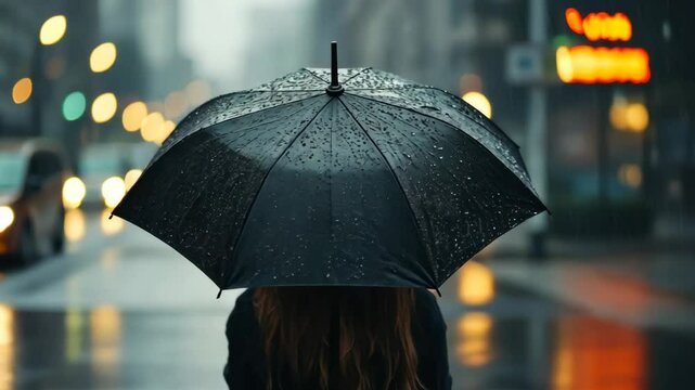 Rainy day in the city with a person holding a black umbrella while walking on a wet street at dusk