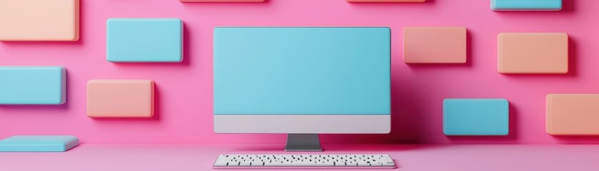 Fototapeta premium A modern computer setup against a vibrant pink wall with pastel blocks, creating a stylish and inviting workspace.